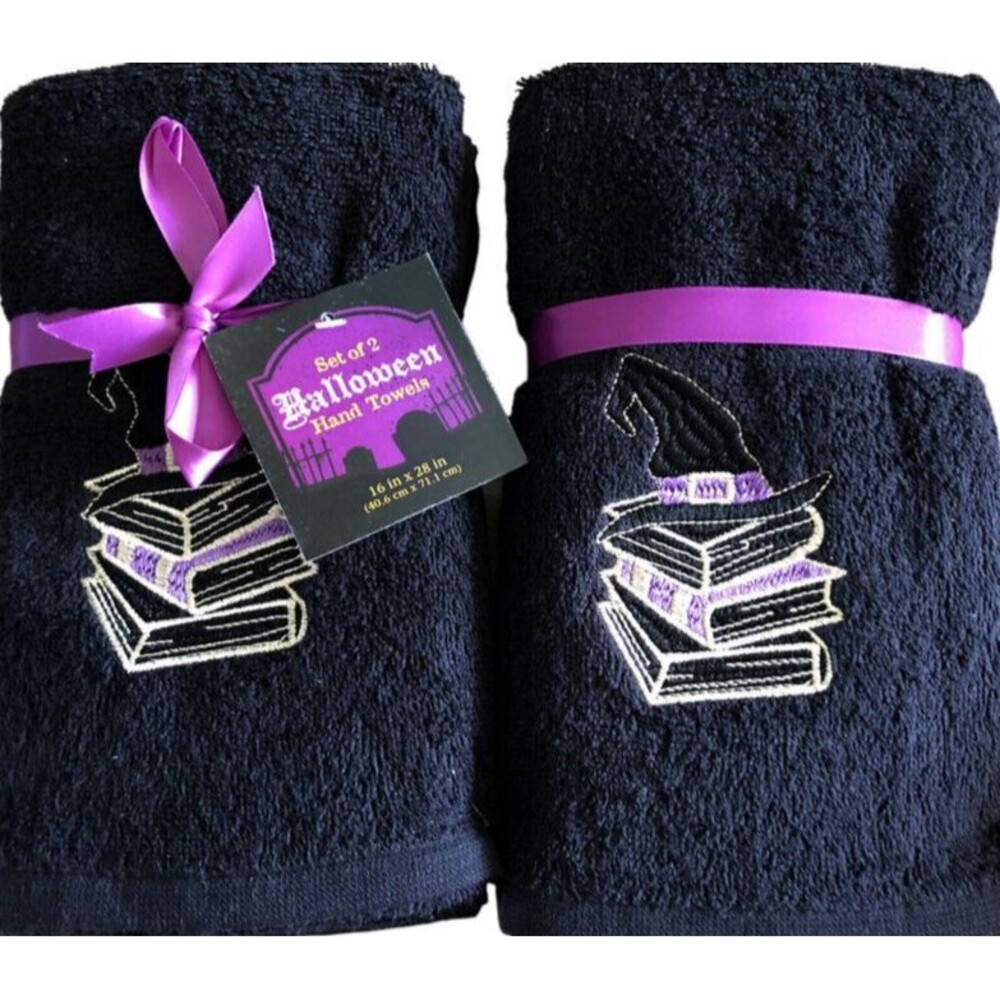 Halloween Witch Hat Hand Towels Bath Spell Books Embroidered Black Set of 2